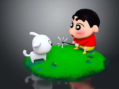 Cartoon Boy Playing With Little White Dog On Green Grass Field 3d model