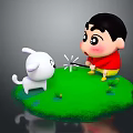 Cartoon Boy Playing With Little White Dog On Green Grass Field