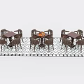 Dining Table Set With Three Tables Four Wicker Chairs On Checkerboard Tile Floor 3d model