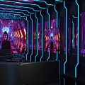 Modern KTV Interior With Neon Lights Sofa Background Screen And Decorative Paintings