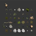 Various Wood and Stone Decorative Items With Small Plants and Natural Logs