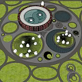 Circular Red Museum Building With Surrounding Green Spaces And Circular Pathways 3d model