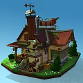 Cartoon Doll Shop Cottage With Mossy Roof Green Lawn Steps And Goat Figure