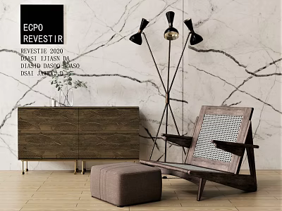 Modern Accent Chair with Ottoman Floor Lamp and Wooden Cabinet in Marble Wall Interior 3d model