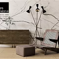 Modern Accent Chair with Ottoman Floor Lamp and Wooden Cabinet in Marble Wall Interior