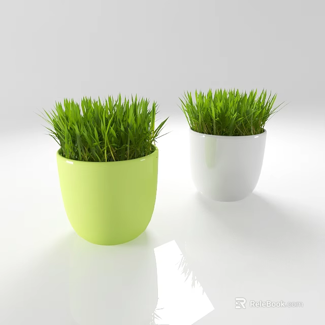 Two Potted Plants In Green And White Pots With Fresh Green Grass 3d model 