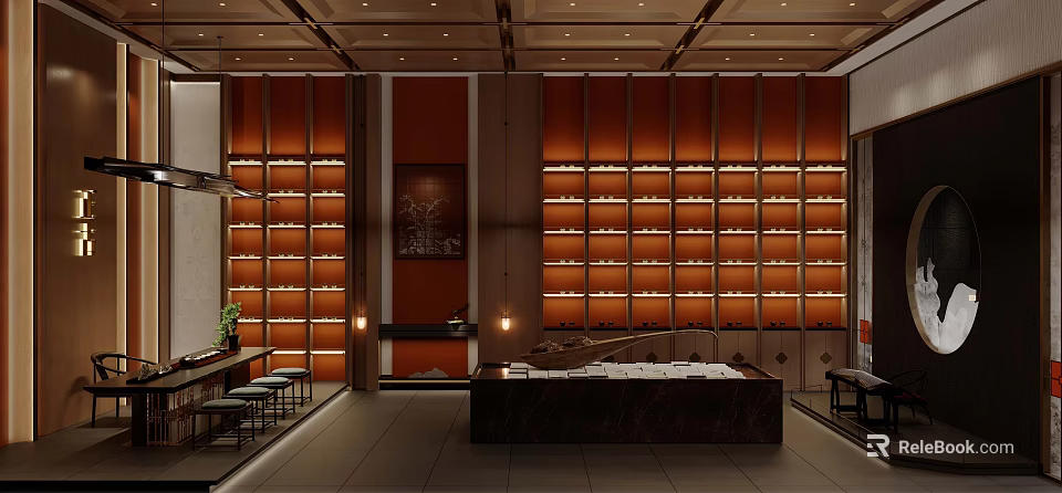 Traditional Tea House Interior With Wooden Shelves And Tea Sets 3d model 