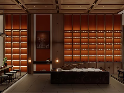 Traditional Tea House Interior With Wooden Shelves And Tea Sets 3d model
