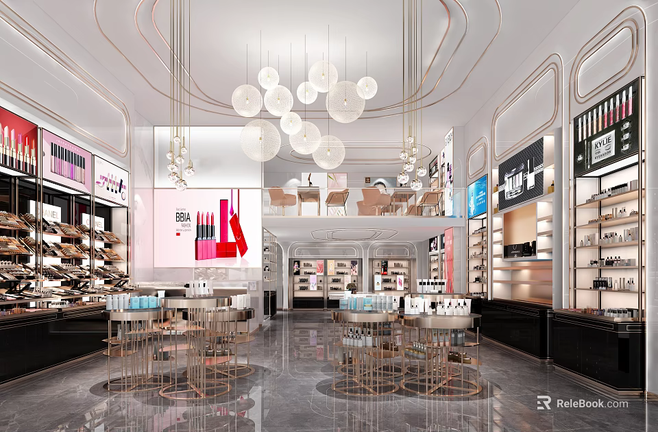 Modern Specialty Store Interior Design With White Spherical Pendant Lights Display Shelves And Glass Counters 3d model 