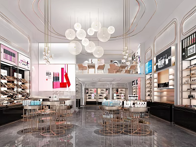 Modern Specialty Store Interior Design With White Spherical Pendant Lights Display Shelves And Glass Counters 3d model