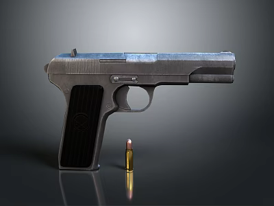 Handgun Pistol With Metallic Silver Body And Single Bullet On Dark Reflective Surface 3d model