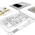 Architectural Blueprints With Drawing Tools Notebook And Pencil For Design 3d model