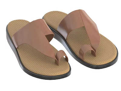 Brown Leather Strap Flip Flops With Perforated Insole And Comfortable Design 3d model