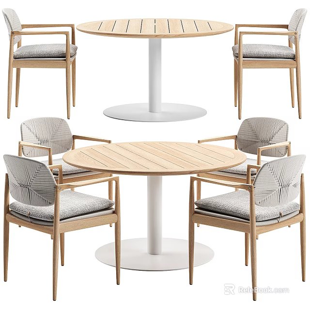 Outdoor Round Wooden Table With White Base And Wooden Chairs With Gray Cushions 3d model 