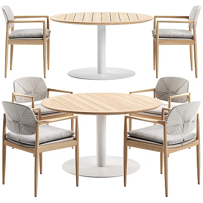 Outdoor Round Wooden Table With White Base And Wooden Chairs With Gray Cushions 3d model
