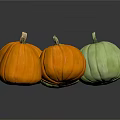 Fresh Green And Orange Pumpkins Grouped Together On Dark Reflective Surface 3d model