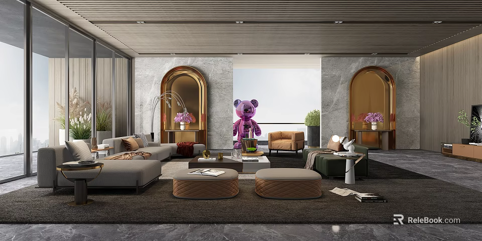 Modern Living Room Interior With Purple Bear Decoration Arched Doorways And Sofa Set 3d model 