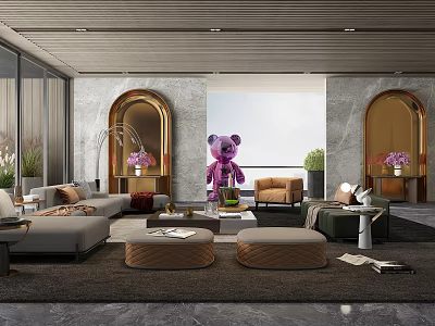 Modern Living Room Interior With Purple Bear Decoration Arched Doorways And Sofa Set 3d model