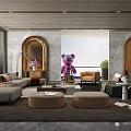 Modern Living Room Interior With Purple Bear Decoration Arched Doorways And Sofa Set