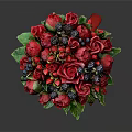 Fresh Red Roses With Black Berries And Green Leaves In Red Vase Arrangement