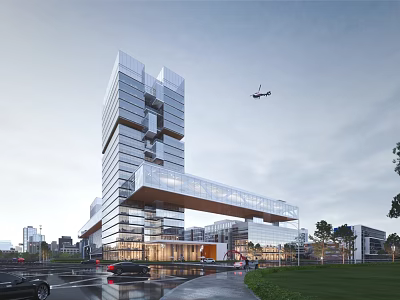Urban Commercial Street Featuring Tall Glass Curtain Wall Buildings Helicopter Road Vehicles And Greenery 3d model