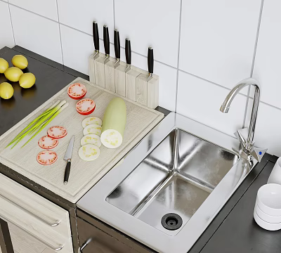 Stainless Steel Kitchen Sink on Countertop with Cutting Board Fresh Vegetables and Knives 3d model