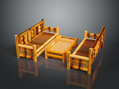 Bamboo Armchair Set Featuring Traditional Handcrafted Design And Wooden Structure For Comfortable Seating 3d model