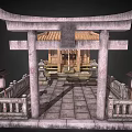 Traditional Ancient Architecture Featuring Torii Gate Wooden Pavilion Tiled Roof Stone Railings and Lanterns