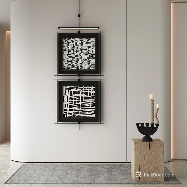 Modern Interior Decor With Black Framed Square Artworks And Wooden Stand Candlestick 3d model 