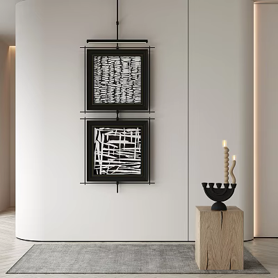 Modern Interior Decor With Black Framed Square Artworks And Wooden Stand Candlestick 3d model