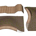 Wooden Landscape Seats With Curved Design And Grid Structure Featuring Plants