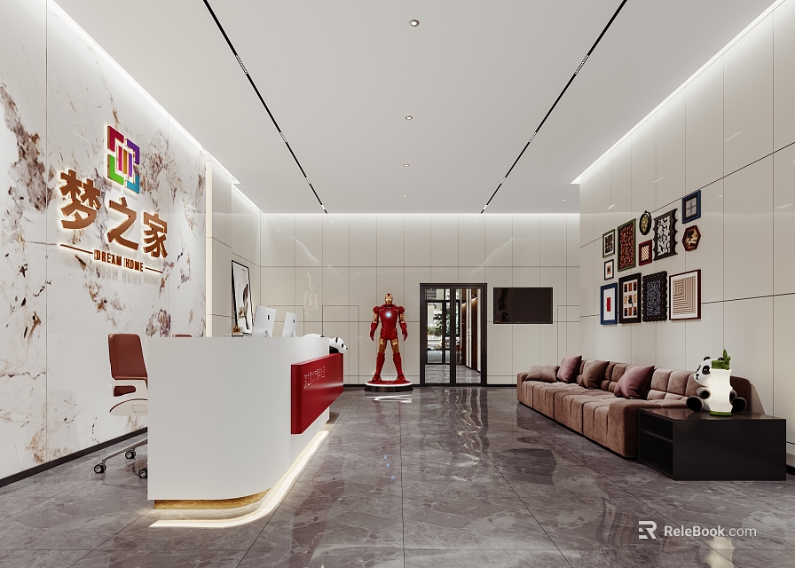 Modern Reception Area With White Red Desk Decorative Paintings And Marble Floor 3d model 