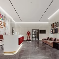 Modern Reception Area With White Red Desk Decorative Paintings And Marble Floor
