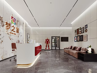 Modern Reception Area With White Red Desk Decorative Paintings And Marble Floor 3d model