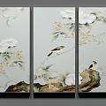 Botanical Triptych Paintings With White Flowers Green Leaves Birds And Branches