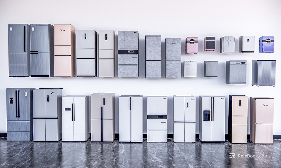 Various Modern Design Refrigerators and Freezers in Different Colors and Multiple Sizes 3d model 