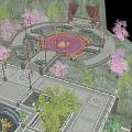 Ancient Chinese Courtyard With Red Gates Stone Steps Lanterns And Cherry Blossom Trees