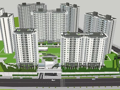 Modern High Rise Residential Complex With Green Areas Entrance Road And Landscape Design 3d model