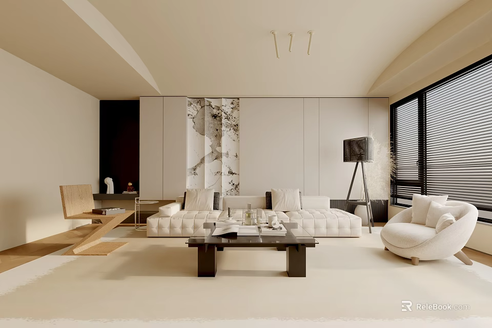Modern Minimalist Living Room Interior With Beige Sofa Dark Coffee Table And Floor Lamp 3d model 