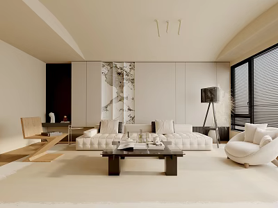 Modern Minimalist Living Room Interior With Beige Sofa Dark Coffee Table And Floor Lamp 3d model