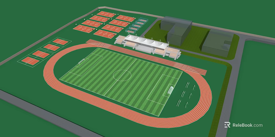 Well Designed Football Field With Red Running Track Grandstand And Surrounding Sports Courts 3d model 