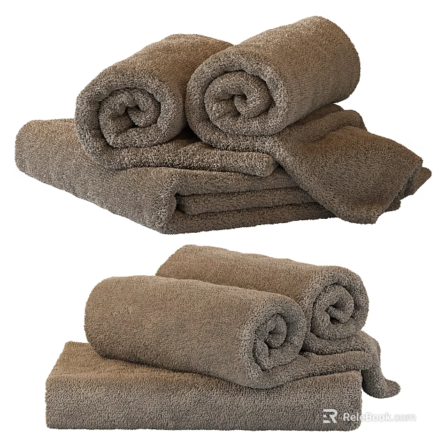 Bathroom With Soft Rolled And Folded Brown Towels Neatly Arranged 3d model 