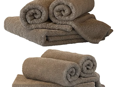 Bathroom With Soft Rolled And Folded Brown Towels Neatly Arranged 3d model