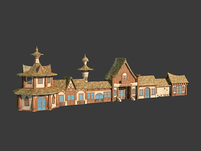 Cartoon Village Scene With Fairy Tale Style Buildings Spire Towers And Wooden Roofs 3d model