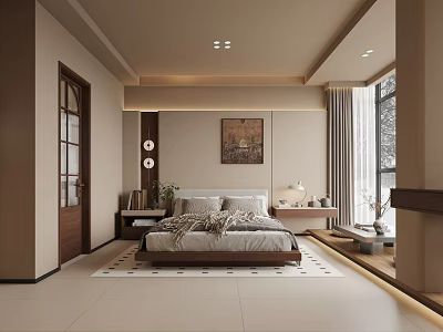Modern Cozy Bedroom Interior With Wooden Bed Nightstand Decorative Painting Table Lamp And Curtains 3d model