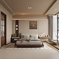 Modern Cozy Bedroom Interior With Wooden Bed Nightstand Decorative Painting Table Lamp And Curtains