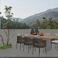 Scenic Villa Balcony With Wooden Table Chairs Fruits Drinks And Mountain View