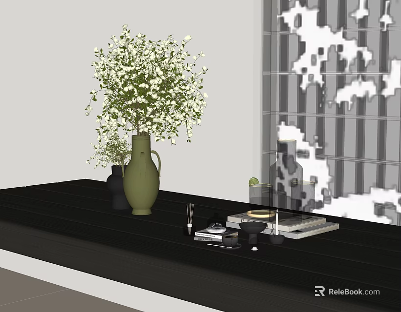 Elegant Green Vase with White Blossoms on Black Tabletop near Window with Light Shadows 3d model 