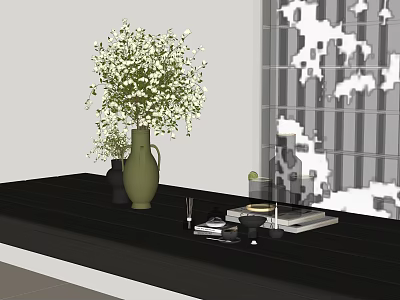 Elegant Green Vase with White Blossoms on Black Tabletop near Window with Light Shadows 3d model