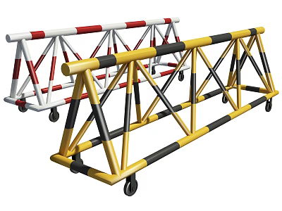 Mobile Road Barriers With Red White And Yellow Black Truss Structure And Wheels 3d model